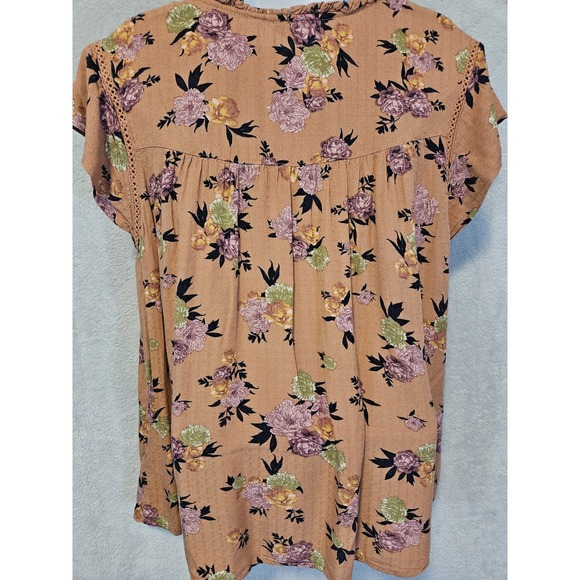 Buffalo David Bitton Blouse Womens Large Floral Short Sleeve Boho Top Tie Neck - Picture 9 of 16